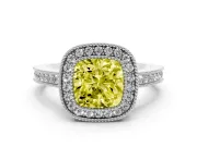 Fancy Yellow Cushion Cut Diamond Halo Ring Set in Platinum with Pavé Band and Milgrain-Edged Prongs