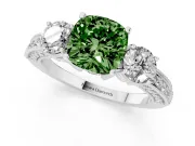 Fancy Green Cushion Cut Diamond Three-Stone Ring Set in White gold with Round Side Stones and Pavé Band