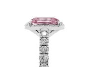 Fancy Pink Emerald Cut Diamond Halo Engagement Ring Set in Silver with Pavé Band and Prong Setting