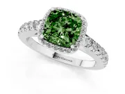 Fancy Green Cushion Cut Diamond Halo Engagement Ring Set in White gold with Pavé Band and Prong Setting