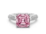 Fancy Pink Asscher Cut Diamond Solitaire Engagement Ring Set in White gold with Multi-Row Round Pavé Band and Prong Setting