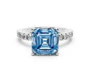Fancy Blue Asscher Cut Diamond Pavé Band Solitaire Set in Platinum with Prong Setting