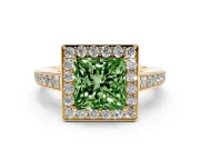 Fancy Green Princess Cut Diamond Halo Pavé Engagement Ring Set in Yellow gold with Bezel Setting