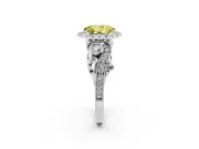 Fancy Yellow Oval Cut Diamond Halo Ring Set in White gold with Milgrain Pavé Band and Prong Setting