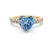 Fancy Blue Heart Cut Diamond Pavé Solitaire Ring Set in Yellow gold with Round Band and Prong Setting