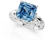 Fancy Blue Asscher Cut Diamond Filigree Halo Engagement Ring Set in White gold with Prong Setting