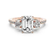 Emerald Cut Three Stone Engagement Ring Setting | Pave Shoulders | Rose Gold