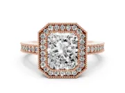 Radiant Cut Diamond Halo Engagement Ring Set in Rose gold with Pavé Band and Round Halo Stones