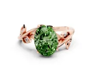 Fancy Green Oval Cut Diamond Solitaire Twist Engagement Ring Set in Rose gold with Pavé Leaf Accents