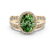Fancy Green Oval Cut Diamond Halo Ring Set in Yellow gold with Double Pavé Split Shank