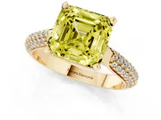 Fancy Yellow Asscher Cut Diamond Solitaire Engagement Ring Set in Yellow gold with Multi-Row Round Pavé Band and Prong Setting