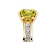 Fancy Yellow Asscher Cut Diamond Solitaire Ring Set in Yellow gold with Channel-Set Band and Prong Setting