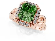 Fancy Green Radiant Cut Diamond Halo Ring Set in Rose gold with Scrollwork Band and Prong Setting
