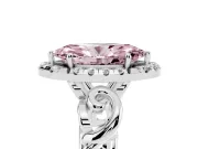 Fancy Pink Marquise Cut Diamond Halo Ring Set in White gold with Scrollwork Band and Prong Setting