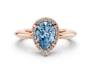 Fancy Blue Pear Cut Diamond Halo Engagement Ring Set in Rose gold with Plain Split Shank and Prong Setting
