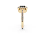 Fancy Black Emerald Cut Diamond Floral Halo Ring Set in Yellow gold with Pavé Band and Prong Setting