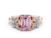 Fancy Pink Emerald Cut Diamond Floral Cluster Ring Set in Rose gold with Marquise Petals and Prong Setting