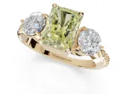 Radiant Cut Three Stone Engagement Ring Setting for a Fancy Yellow Lab-Grown Diamond | Tapered Pave Band | Yellow Gold