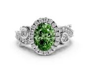 Fancy Green Oval Cut Diamond Halo Ring Set in Platinum with Milgrain Pavé Band and Prong Setting