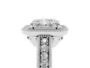Radiant Cut Diamond Halo Ring Set in Platinum with Round Accent Halo, Pavé Band and Prong Setting