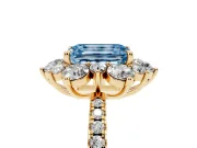 Fancy Blue Emerald Cut Diamond Floral Halo Ring Set in Yellow gold with Round Pavé Band and Prong Setting