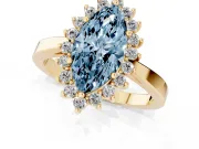 Fancy Blue Marquise Cut Diamond Halo Ring Set in Yellow gold with Round Halo and Smooth Solitaire Band
