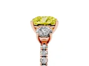 Cushion Cut Three Stone Engagement Ring Setting for a Fancy Yellow Lab-Grown Diamond | Pave Shoulders | Rose Gold