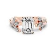 Emerald Cut Diamond Floral Vine Solitaire Engagement Ring Set in Rose gold with Marquise Leaves
