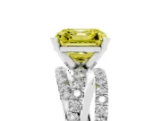 Fancy Yellow Asscher Cut Diamond Solitaire Twist Band Ring Set in White gold with Pavé Setting and Prong Head