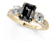 Fancy Black Emerald Cut Diamond Three-Stone Ring Set in Yellow gold with Round Side Stones and Pavé Band
