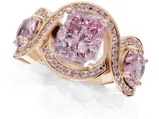 Radiant Cut Three Stone Halo Engagement Ring Setting for a Fancy Pink Lab-Grown Diamond | Pavé Wave Band | Rose Gold