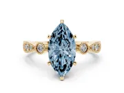 Fancy Blue Marquise Cut Diamond Solitaire Engagement Ring Set in Yellow gold with Milgrain Bezel Accent Band
