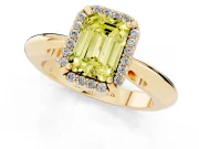Fancy Yellow Emerald Cut Diamond Halo Engagement Ring Set in Yellow gold with Plain Split Shank and Prong Setting