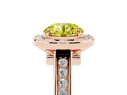 Fancy Yellow Round Cut Diamond Halo Solitaire Ring Set in Rose gold with Pavé Band and Bezel Setting