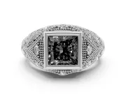 Fancy Black Princess Cut Diamond Bezel Ring Set in White gold with Milgrain Accent Band