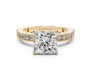 Princess Cut Diamond Solitaire Ring Set in Yellow gold with Slim Pavé Band and Prong Setting