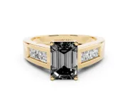 Fancy Black Emerald Cut Diamond Solitaire Ring Set in Yellow gold with Channel-Set Accent Stones and Prong Setting