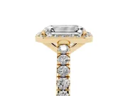 Emerald Cut Diamond Halo Engagement Ring Set in Yellow gold with Pavé Band and Prong Setting