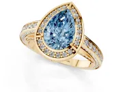 Fancy Blue Pear Cut Diamond Halo Pavé Split Shank Ring Set in Yellow gold with Prong Setting