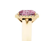 Fancy Pink Radiant Cut Diamond Halo Ring Set in Yellow gold with Cathedral Band and Prong Setting