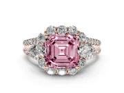 Fancy Pink Asscher Cut Diamond Halo Split Shank Engagement Ring Set in Rose gold with Prong-Held Center Stone