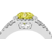 Fancy Yellow Cushion Cut Diamond Halo Ring Set in White gold with Pavé Split Shank and Prong Setting