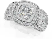 Cushion Cut Three Stone Halo Engagement Ring Setting | Bezel Set | Platinum