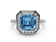 Asscher Cut Halo Engagement Ring Setting for a Fancy Blue Lab-Grown Diamond | Bezel Station Shoulders | Sterling Silver