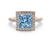 Fancy Blue Princess Cut Diamond Pavé Band Halo Engagement Ring Set in Rose gold with Prong Setting
