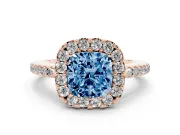 Cushion Cut Pave Halo Engagement Ring Setting for a Fancy Blue Lab-Grown Diamond | Pave Band | Rose Gold