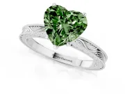 Fancy Green Heart Cut Diamond Solitaire Milgrain Engraved Band Set in Silver with Prong Setting