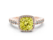 Fancy Yellow Cushion Cut Diamond Halo Engagement Ring Set in Rose gold with Pavé Band and Prong Setting