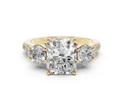 Radiant Cut Three-Stone Pavé Engagement Ring Setting | Round Side Stones | Yellow Gold