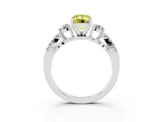 Fancy Yellow Emerald Cut Diamond Three-Stone Ring Set in Platinum with Pavé Split Shank and Prong Setting